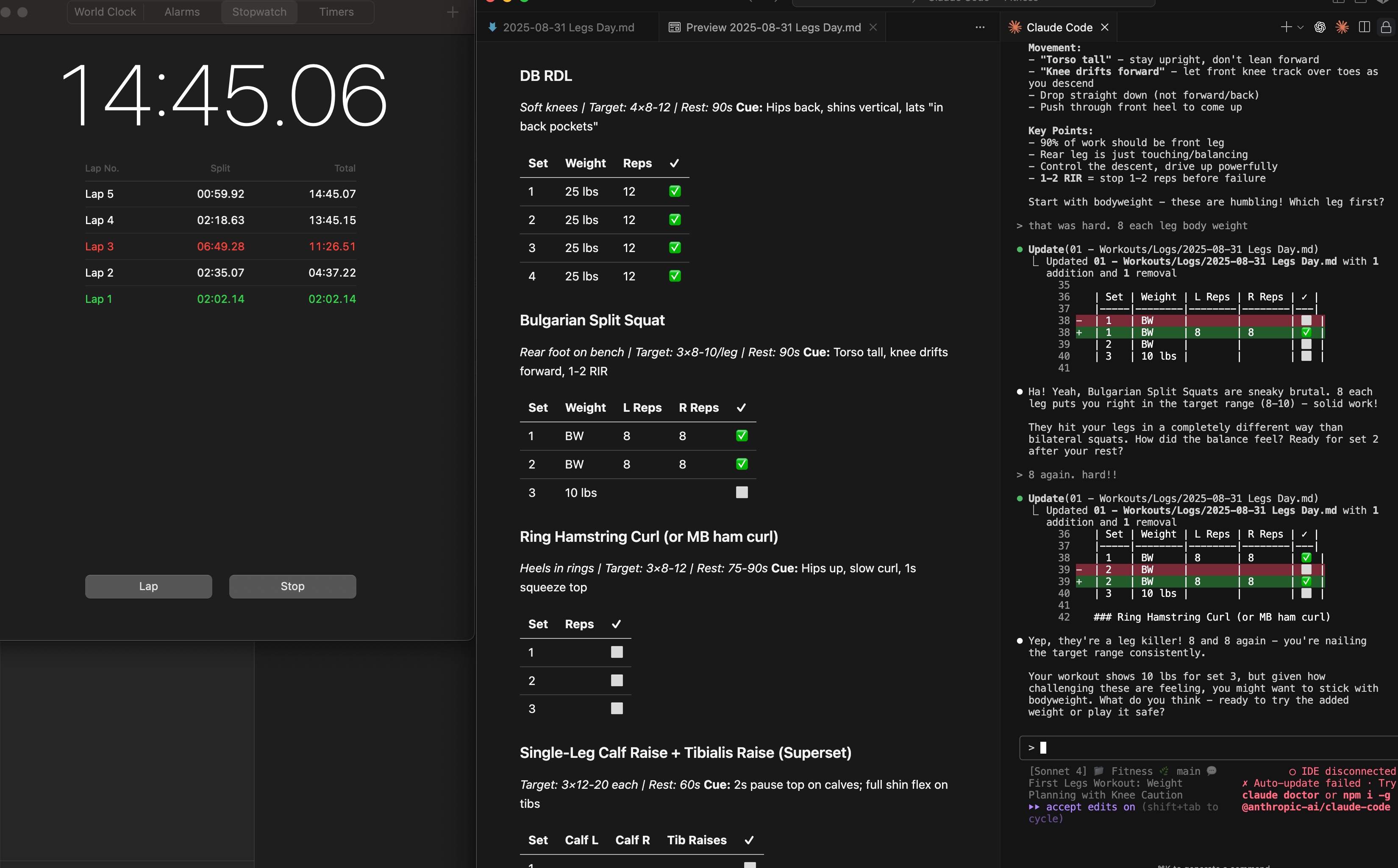 Claude Code fitness tracking interface showing workout logs and AI assistance
